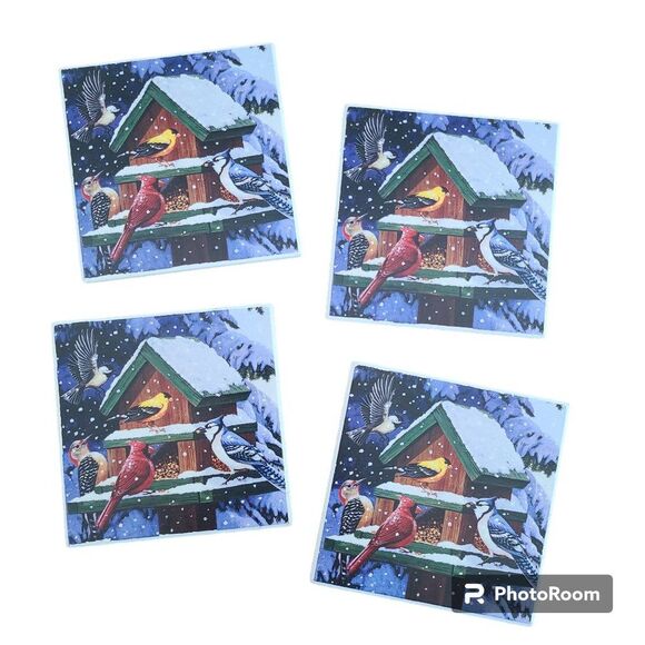 Set Of Four Ceramic Tile Coasters Artwork "Winter Feast" by William Vanderdasson - Picture 1 of 7